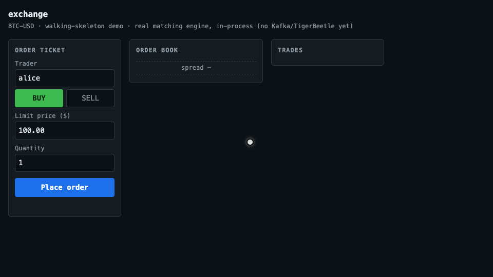exchange demo: orders resting on the book, crossing the spread, and sweeping two price levels
